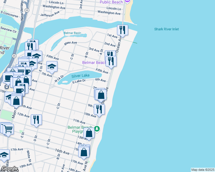 map of restaurants, bars, coffee shops, grocery stores, and more near 605 Ocean Avenue in Belmar