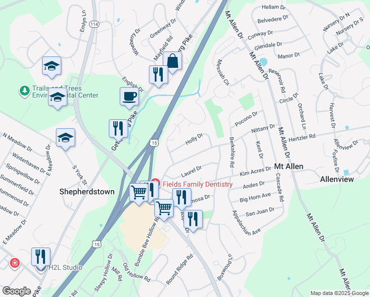 map of restaurants, bars, coffee shops, grocery stores, and more near 125 Holly Dr in Mechanicsburg