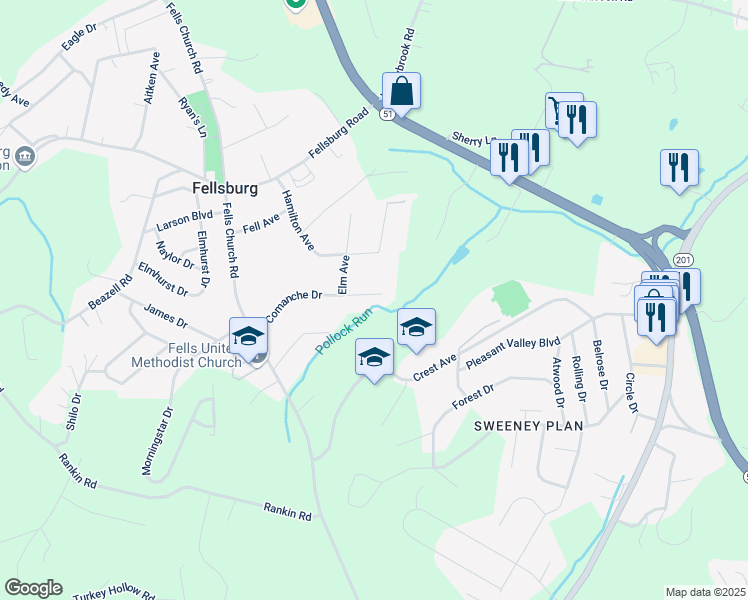 map of restaurants, bars, coffee shops, grocery stores, and more near 340 Comanche Drive in Belle Vernon