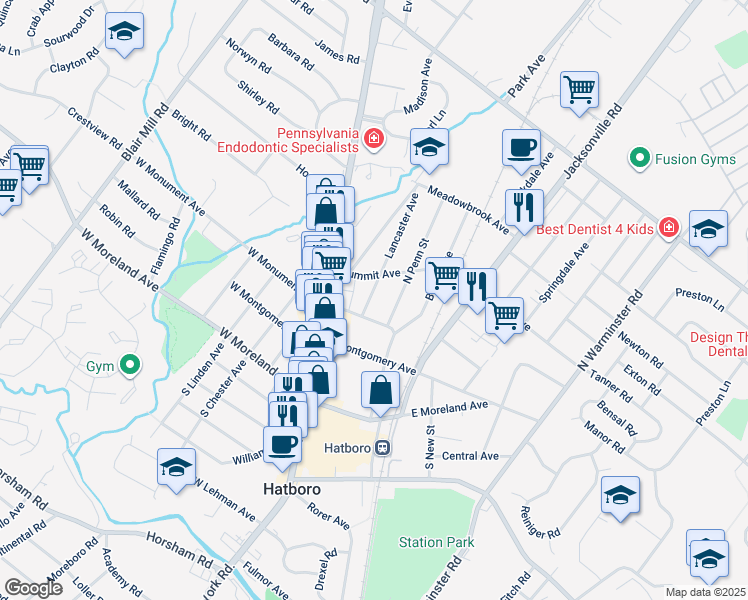 map of restaurants, bars, coffee shops, grocery stores, and more near 216 Lancaster Avenue in Hatboro