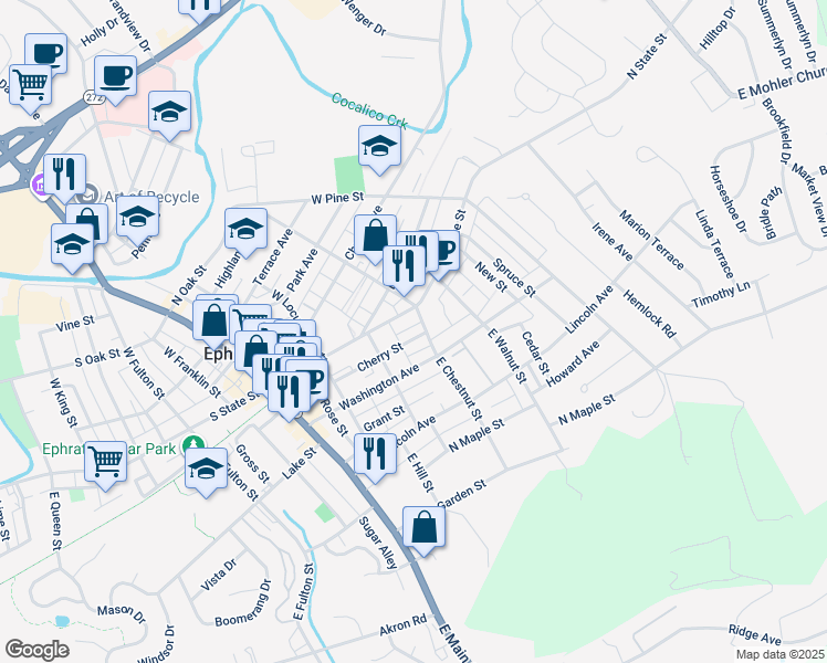map of restaurants, bars, coffee shops, grocery stores, and more near 244A Cherry Street in Ephrata