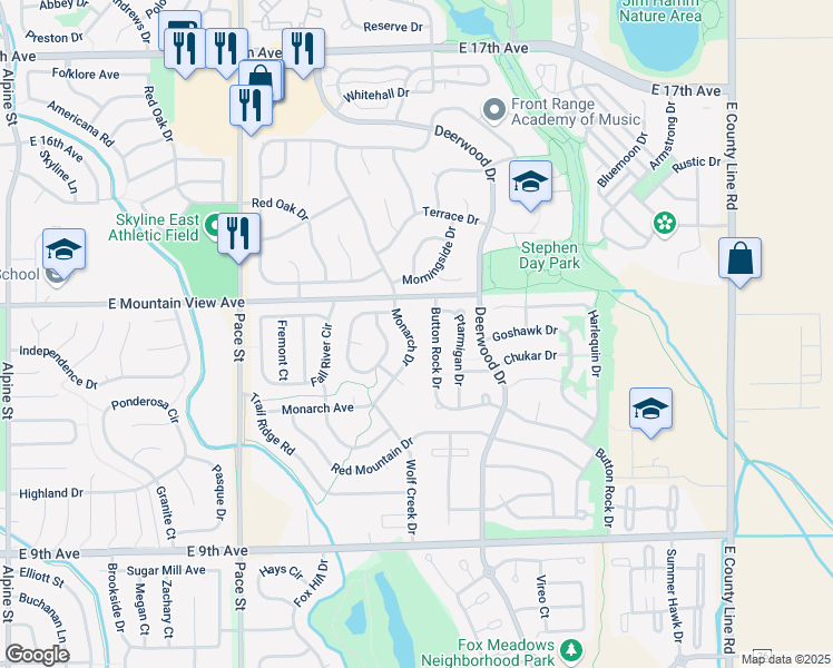 map of restaurants, bars, coffee shops, grocery stores, and more near 1254 Monarch Drive in Longmont