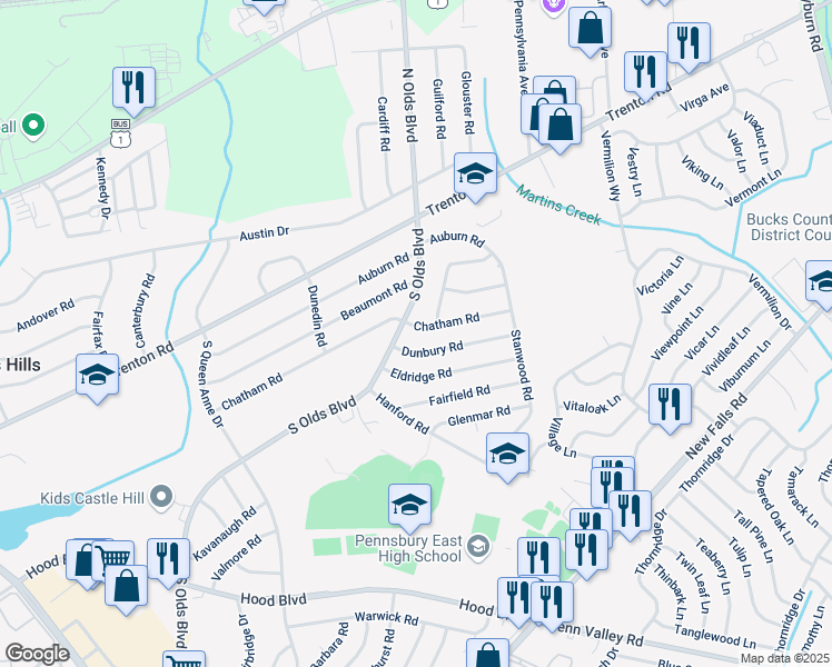 map of restaurants, bars, coffee shops, grocery stores, and more near 802 Chatham Road in Fairless Hills