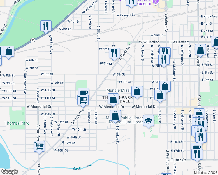 map of restaurants, bars, coffee shops, grocery stores, and more near 808 W 10th St in Muncie