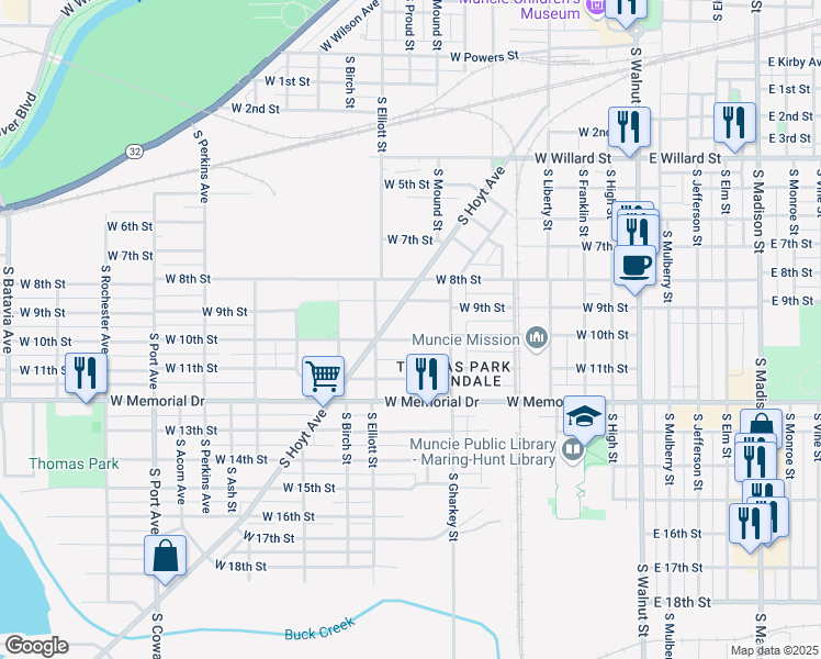 map of restaurants, bars, coffee shops, grocery stores, and more near 808 W 10th St in Muncie