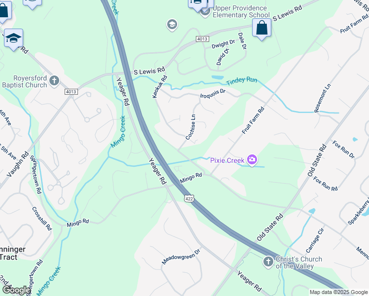 map of restaurants, bars, coffee shops, grocery stores, and more near 29 Cochise Lane in Royersford