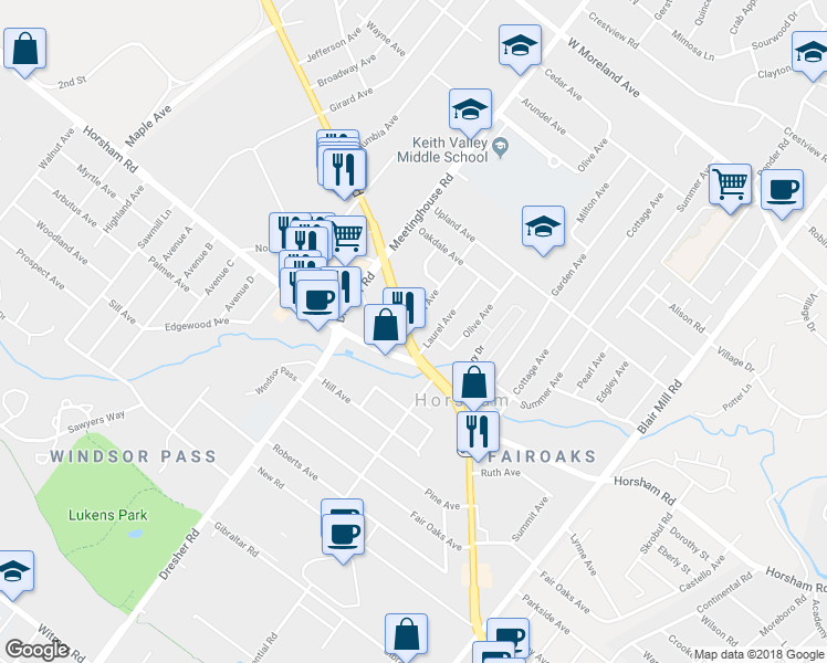 map of restaurants, bars, coffee shops, grocery stores, and more near 426 Easton Rd in Horsham