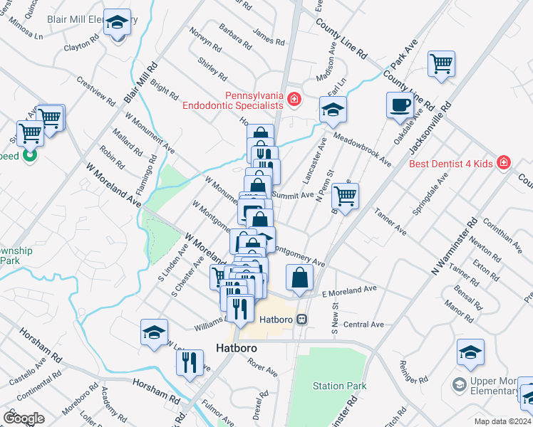 map of restaurants, bars, coffee shops, grocery stores, and more near 210 Pennsylvania 263 in Hatboro