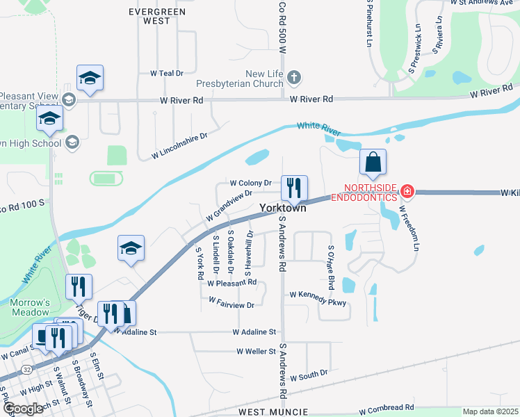 map of restaurants, bars, coffee shops, grocery stores, and more near 8200 West Smith Street in Yorktown