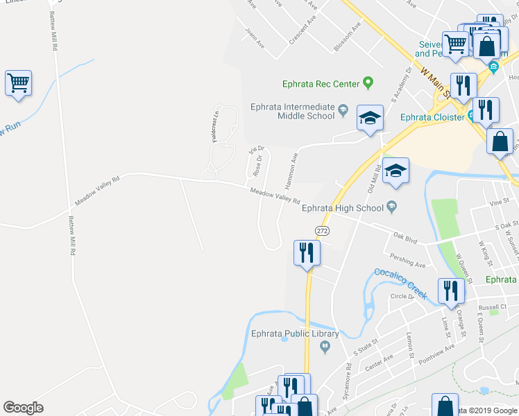 map of restaurants, bars, coffee shops, grocery stores, and more near 1354 Hammon Avenue in Ephrata