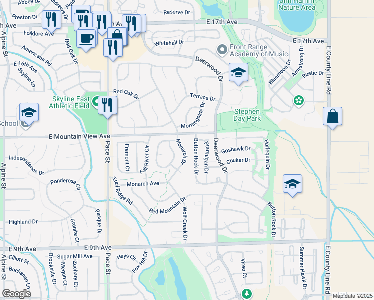 map of restaurants, bars, coffee shops, grocery stores, and more near 1254 Monarch Drive in Longmont