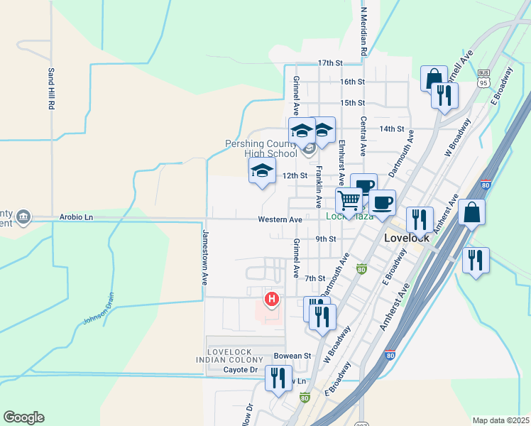map of restaurants, bars, coffee shops, grocery stores, and more near 835 Western Avenue in Lovelock