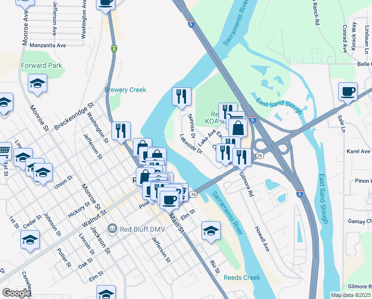map of restaurants, bars, coffee shops, grocery stores, and more near 825 Lakeside Drive in Red Bluff