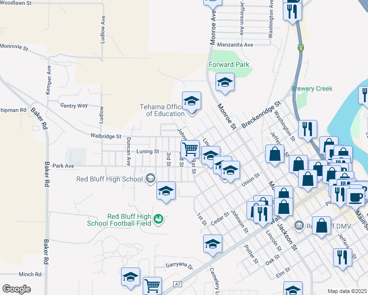 map of restaurants, bars, coffee shops, grocery stores, and more near 1527 Johnson Street in Red Bluff