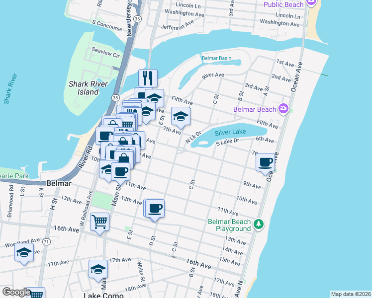 map of restaurants, bars, coffee shops, grocery stores, and more near 413 8th Avenue in Belmar