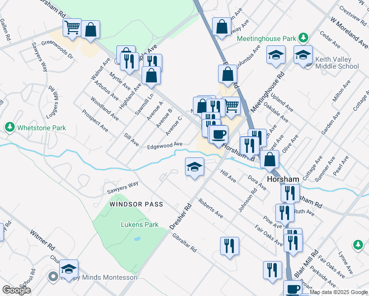 map of restaurants, bars, coffee shops, grocery stores, and more near 315 Edgewood Avenue in Horsham