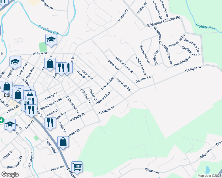map of restaurants, bars, coffee shops, grocery stores, and more near 490 Howard Avenue in Ephrata