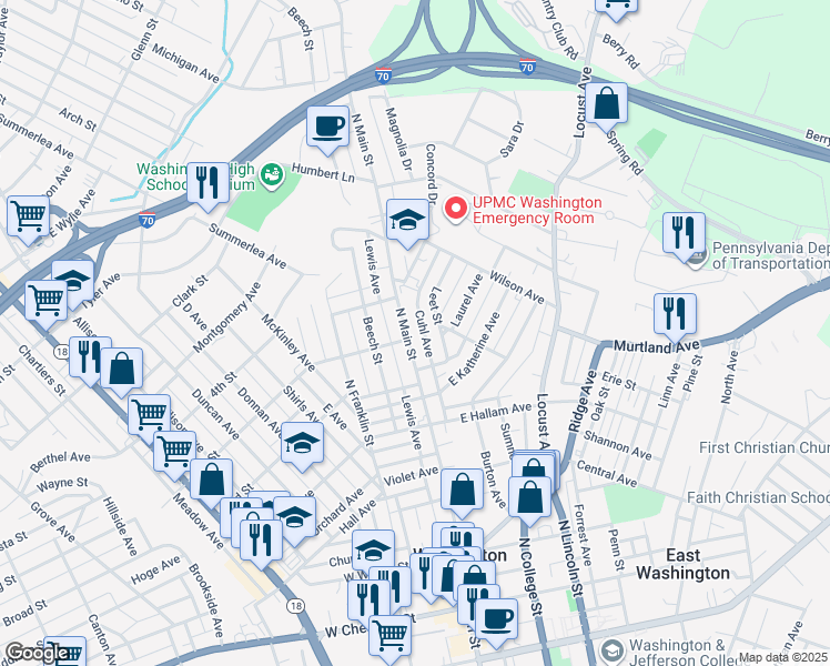 map of restaurants, bars, coffee shops, grocery stores, and more near 703 North Main Street in Washington