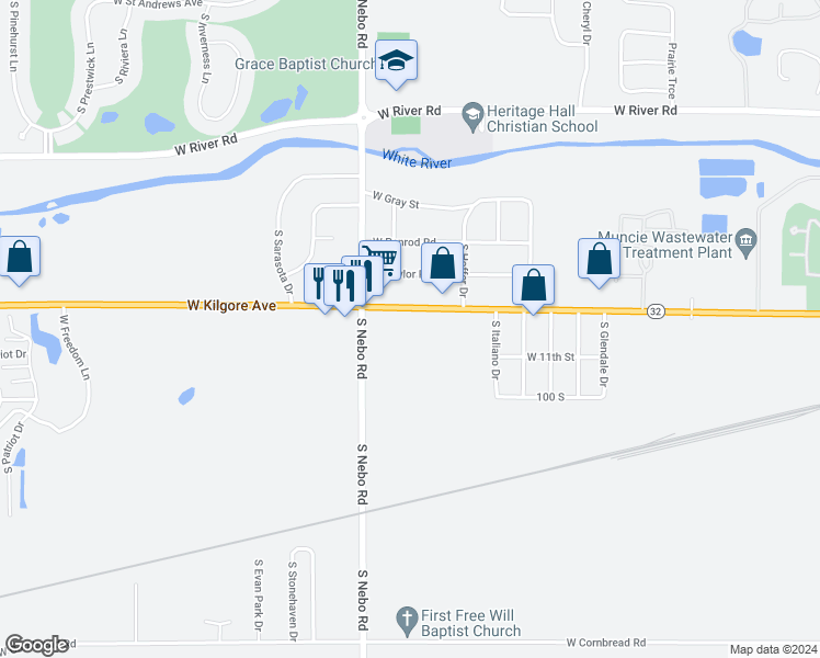 map of restaurants, bars, coffee shops, grocery stores, and more near 6259 West Kilgore Avenue in Muncie