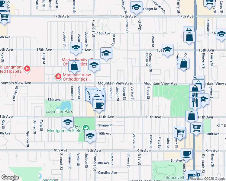 map of restaurants, bars, coffee shops, grocery stores, and more near 1228 Grant Street in Longmont