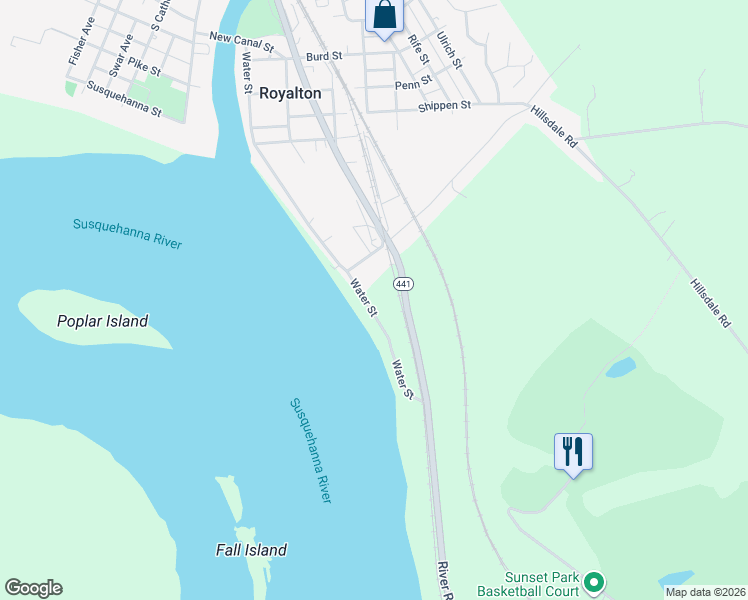 map of restaurants, bars, coffee shops, grocery stores, and more near 1760 Water Street in Middletown