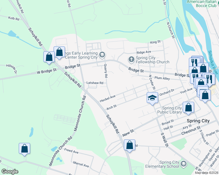 map of restaurants, bars, coffee shops, grocery stores, and more near 319 Quarry Road in Spring City