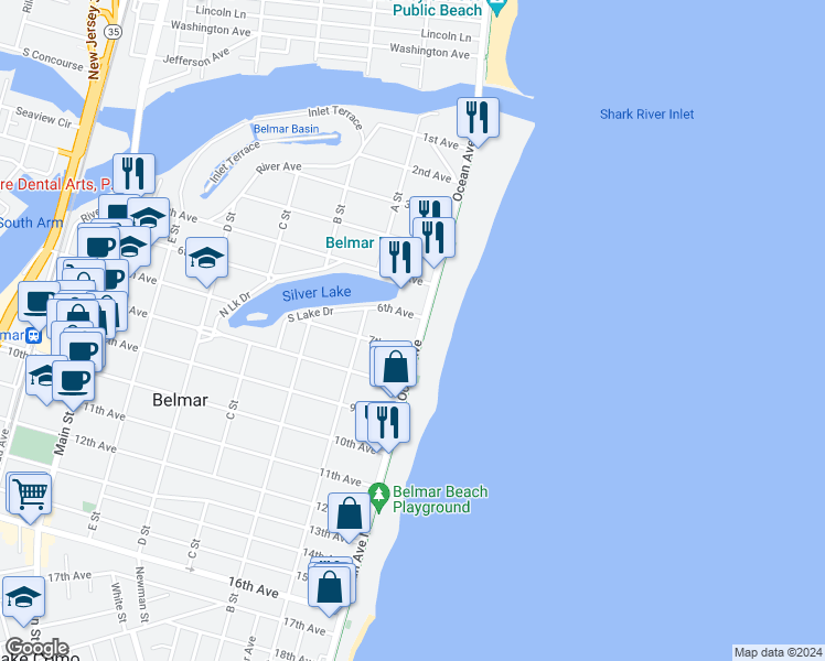 map of restaurants, bars, coffee shops, grocery stores, and more near 603 Ocean Avenue in Belmar