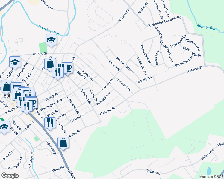 map of restaurants, bars, coffee shops, grocery stores, and more near 490 Howard Avenue in Ephrata