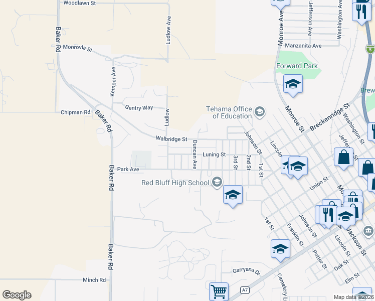 map of restaurants, bars, coffee shops, grocery stores, and more near 1710 Luning Street in Red Bluff