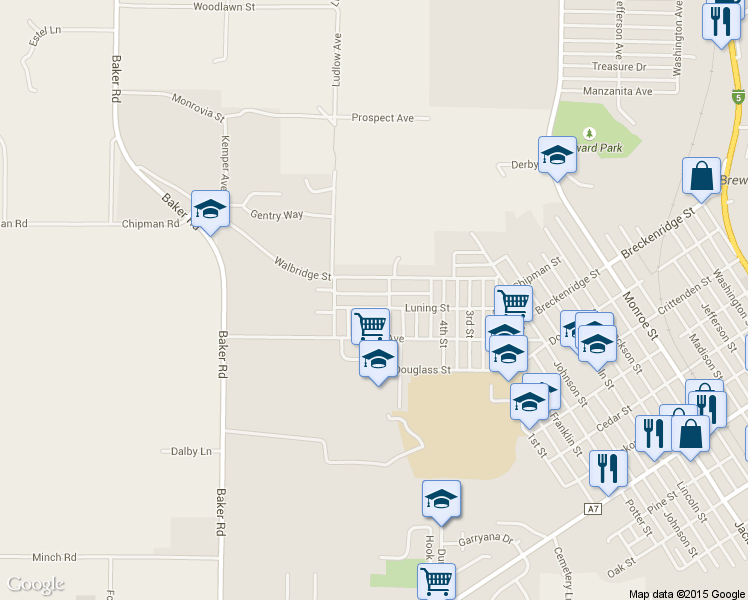map of restaurants, bars, coffee shops, grocery stores, and more near 1710 Luning Street in Red Bluff
