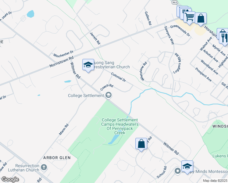 map of restaurants, bars, coffee shops, grocery stores, and more near 571 Coach Road in Horsham