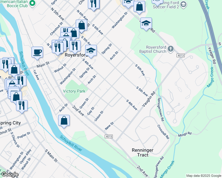 map of restaurants, bars, coffee shops, grocery stores, and more near 332 Gay Street in Royersford