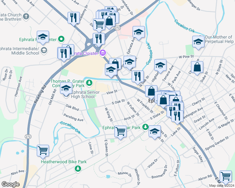 map of restaurants, bars, coffee shops, grocery stores, and more near 323 West Sunset Avenue in Ephrata