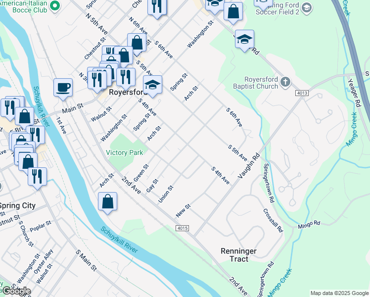 map of restaurants, bars, coffee shops, grocery stores, and more near 332 Gay Street in Royersford