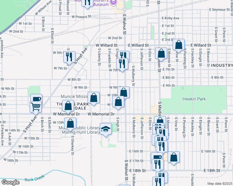map of restaurants, bars, coffee shops, grocery stores, and more near 200 West 10th Street in Muncie
