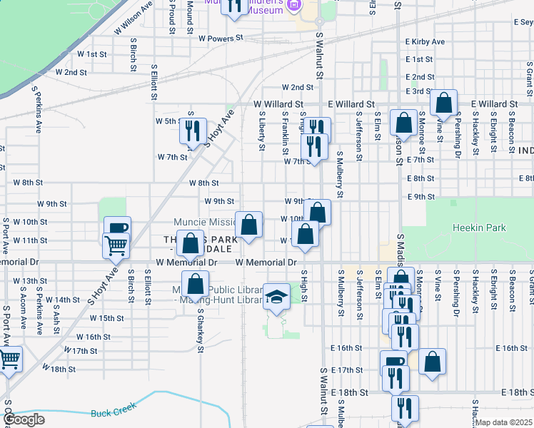 map of restaurants, bars, coffee shops, grocery stores, and more near 326 West 10th Street in Muncie