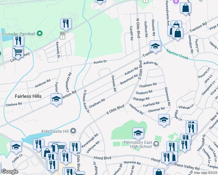 map of restaurants, bars, coffee shops, grocery stores, and more near 633 Beaumont Road in Fairless Hills