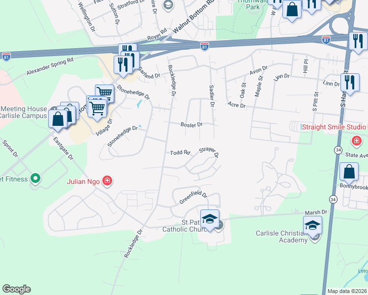 map of restaurants, bars, coffee shops, grocery stores, and more near 17 Todd Road in Carlisle