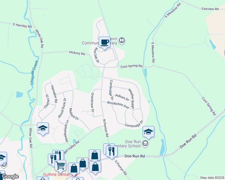 map of restaurants, bars, coffee shops, grocery stores, and more near 821 Cambridge Drive in Manheim