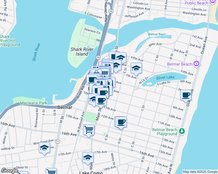 map of restaurants, bars, coffee shops, grocery stores, and more near 810 Main Street in Belmar