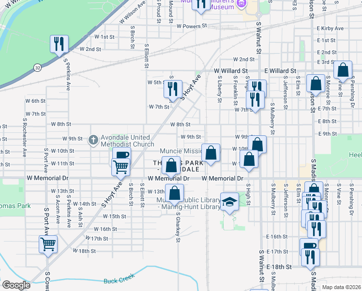 map of restaurants, bars, coffee shops, grocery stores, and more near 1616 South Gharkey Street in Muncie
