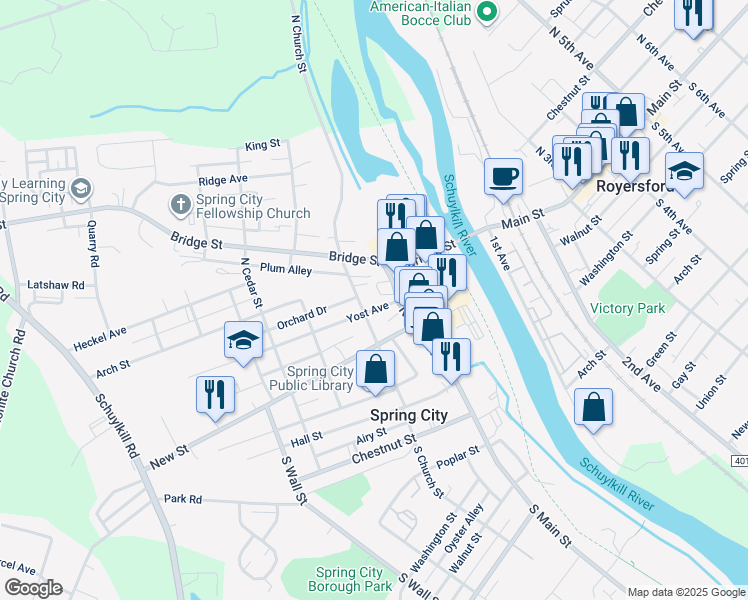map of restaurants, bars, coffee shops, grocery stores, and more near 131 Yost Avenue in Spring City