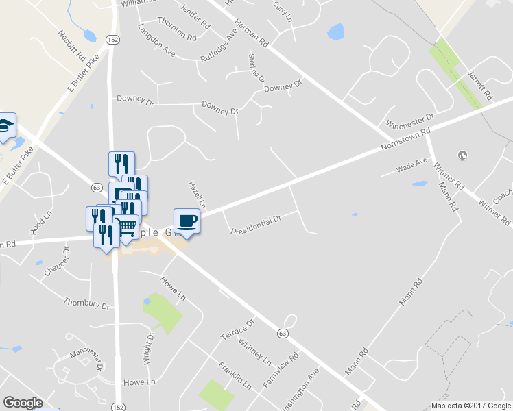 map of restaurants, bars, coffee shops, grocery stores, and more near 713 Norristown Road in Horsham