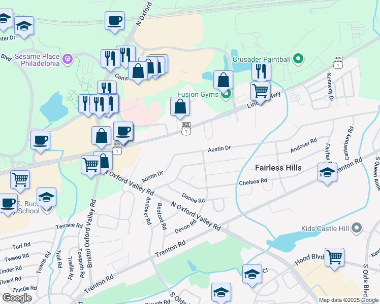 map of restaurants, bars, coffee shops, grocery stores, and more near 255 Austin Drive in Fairless Hills