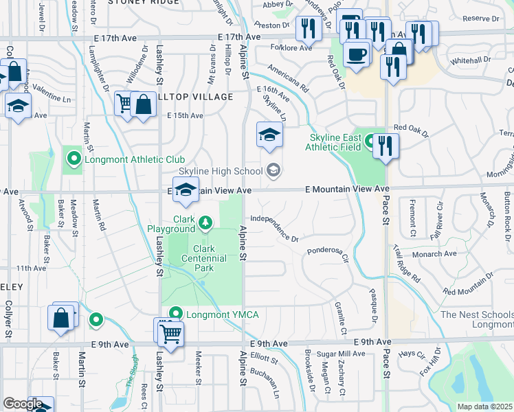 map of restaurants, bars, coffee shops, grocery stores, and more near 1235 Autumn Court in Longmont