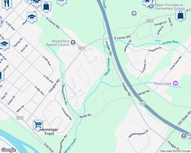map of restaurants, bars, coffee shops, grocery stores, and more near 957 Katie Circle in Royersford