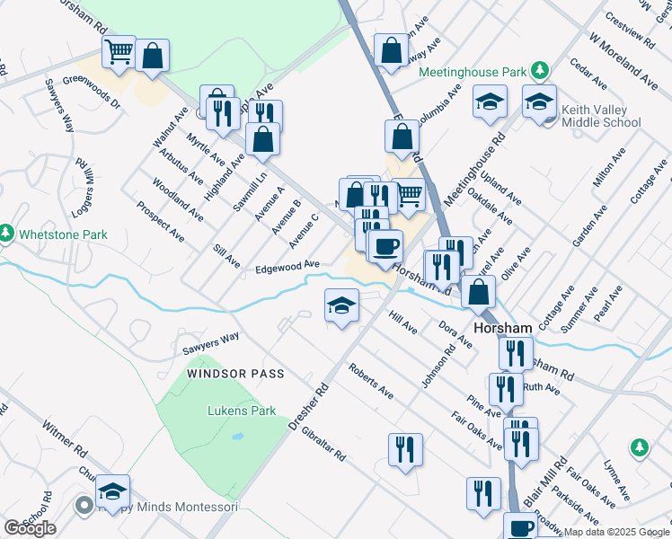 map of restaurants, bars, coffee shops, grocery stores, and more near 315 Edgewood Avenue in Horsham