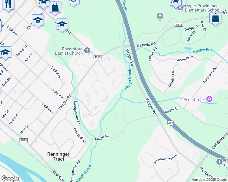 map of restaurants, bars, coffee shops, grocery stores, and more near 957 Katie Circle in Royersford