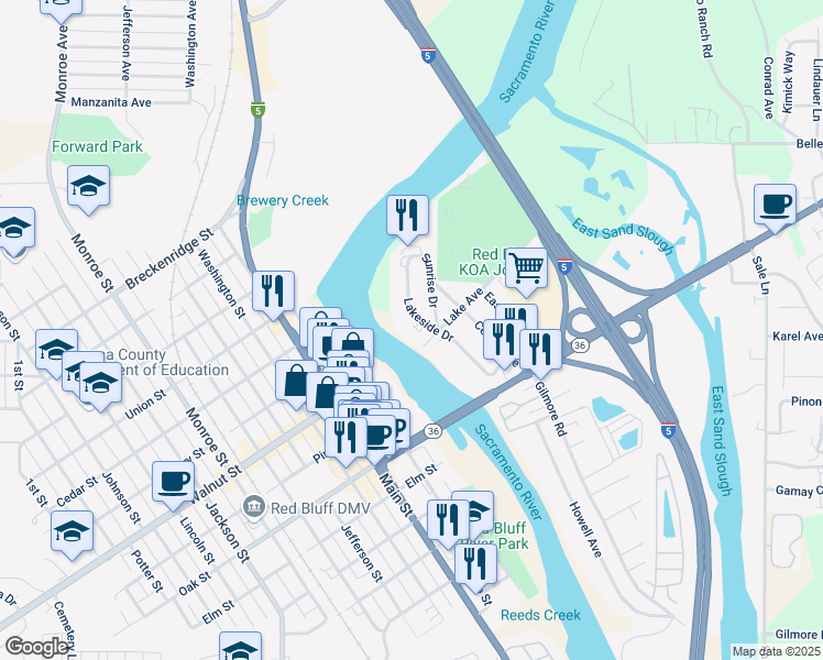 map of restaurants, bars, coffee shops, grocery stores, and more near 905 Lakeside Drive in Red Bluff