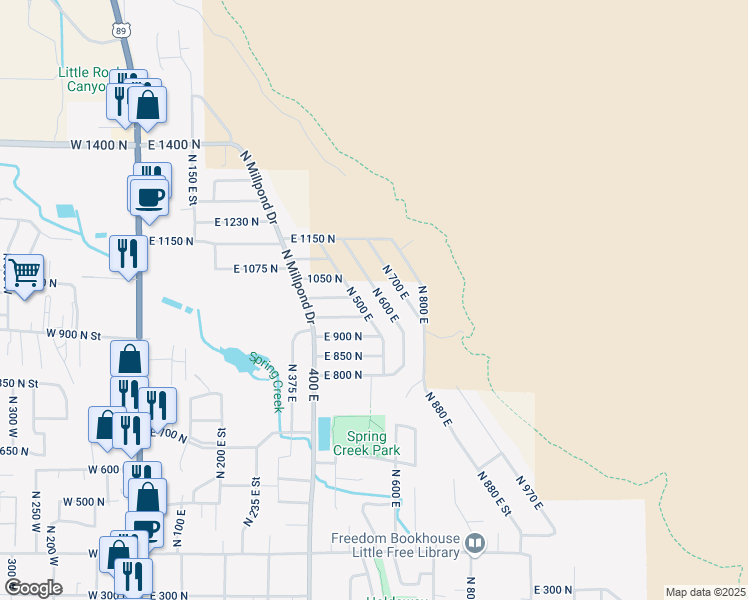 map of restaurants, bars, coffee shops, grocery stores, and more near 971 North 600 East in Springville